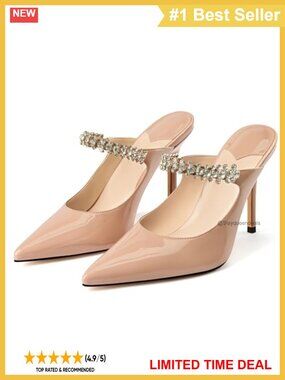 Pointed Toe Stiletto Heel Mules with Rhinestone Strap Slip-On